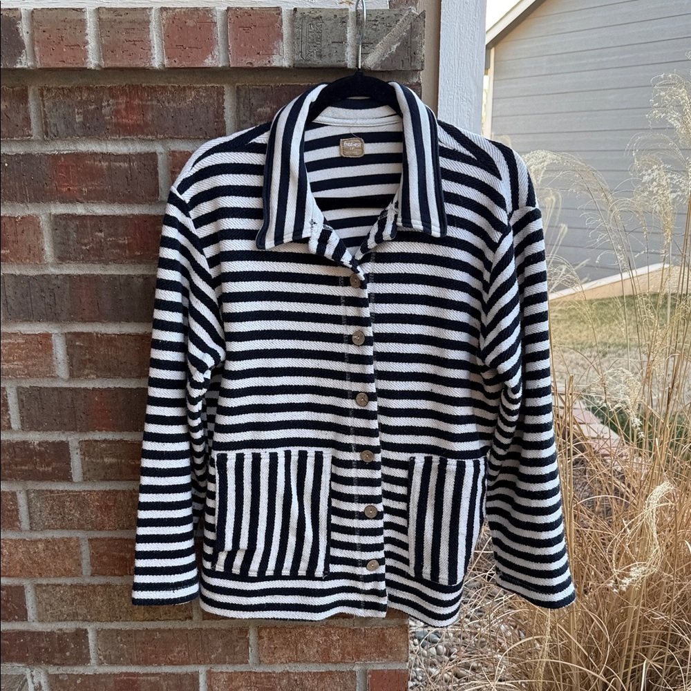 We the Free Ladies S Oversized Dark Navy & White “Lora”Stripe Button-Up Cardigan
